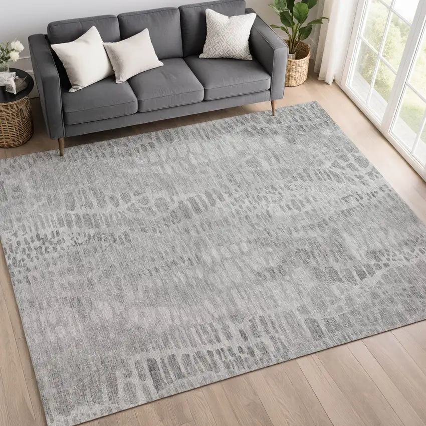 Gray And Silver Abstract Washable Indoor Outdoor Area Rug Photo 5