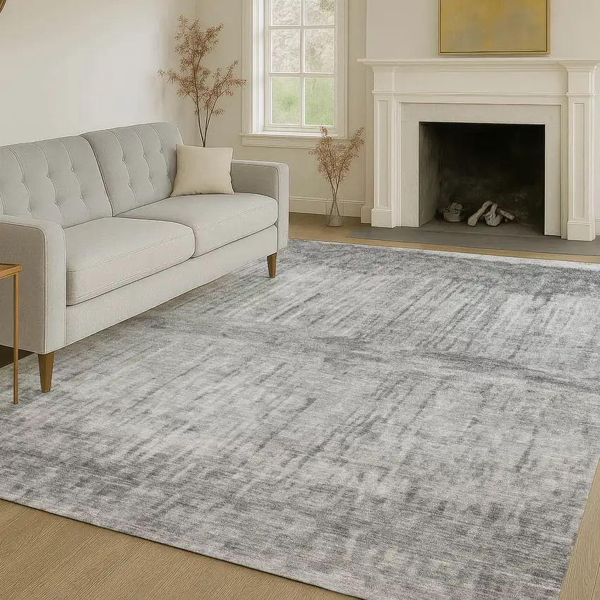 Gray And Silver Abstract Washable Indoor Outdoor Area Rug Photo 6