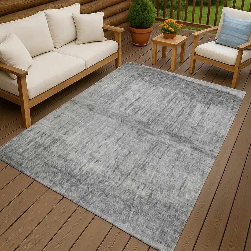 Gray And Silver Abstract Washable Indoor Outdoor Area Rug Photo 4