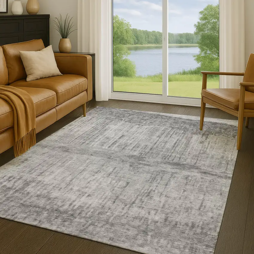 Gray And Silver Abstract Washable Indoor Outdoor Area Rug Photo 5