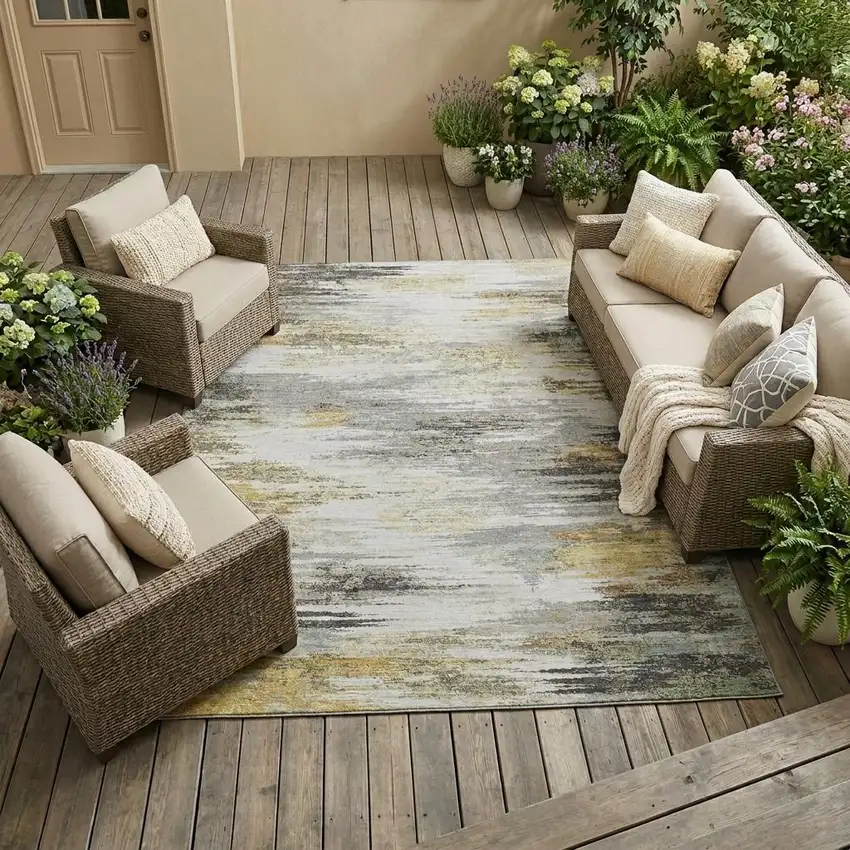 Gray And Silver Abstract Washable Indoor Outdoor Area Rug Photo 1