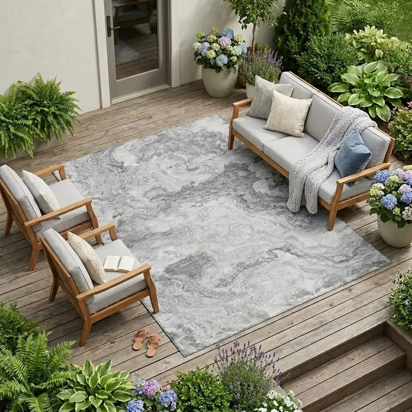 Gray And Silver Abstract Washable Indoor Outdoor Area Rug Photo 1