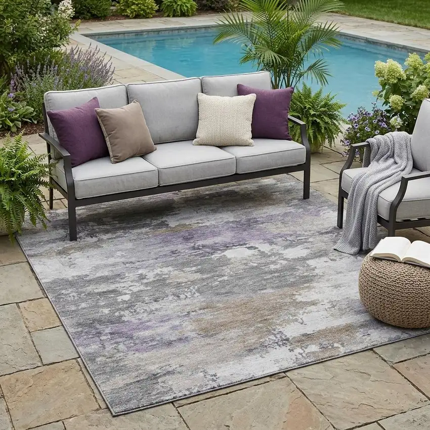 Gray And Silver Abstract Washable Indoor Outdoor Area Rug Photo 1