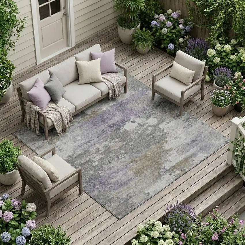 Gray And Silver Abstract Washable Indoor Outdoor Area Rug Photo 1