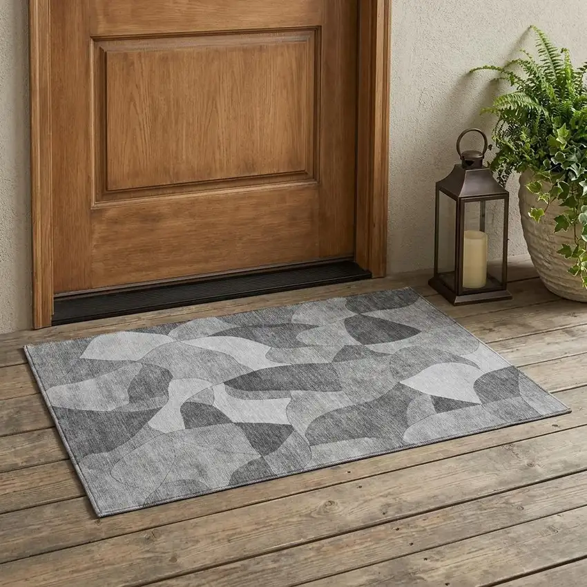 Gray And Silver Abstract Washable Indoor Outdoor Area Rug Photo 1