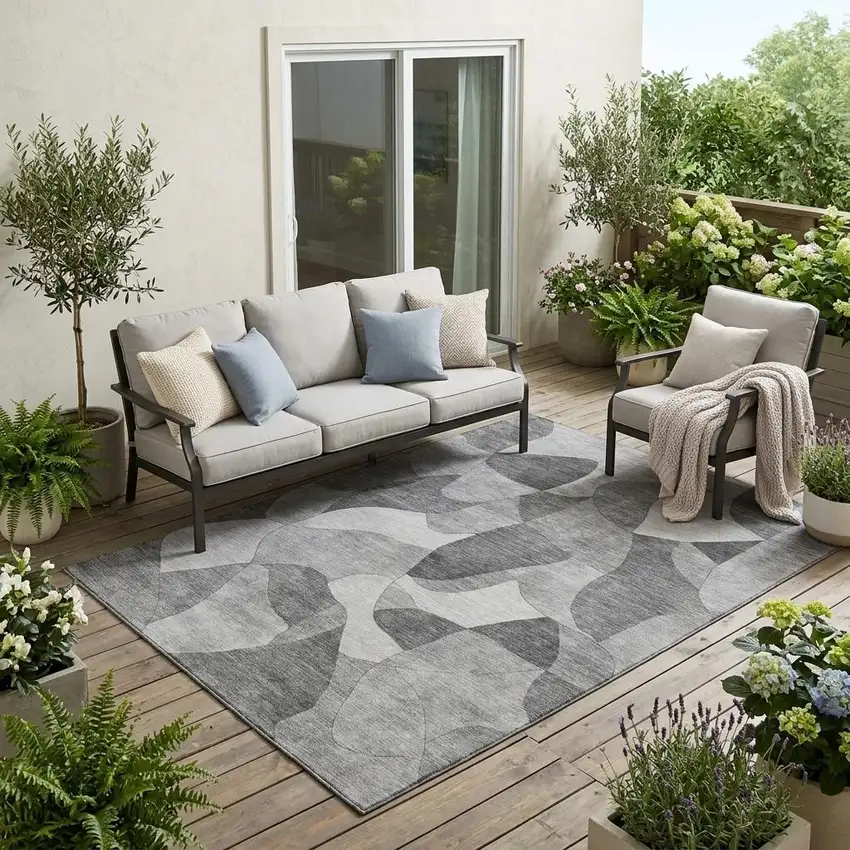 Gray And Silver Abstract Washable Indoor Outdoor Area Rug Photo 1