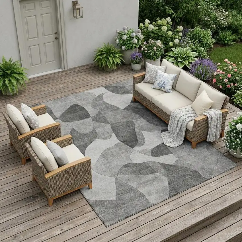 Gray And Silver Abstract Washable Indoor Outdoor Area Rug Photo 1