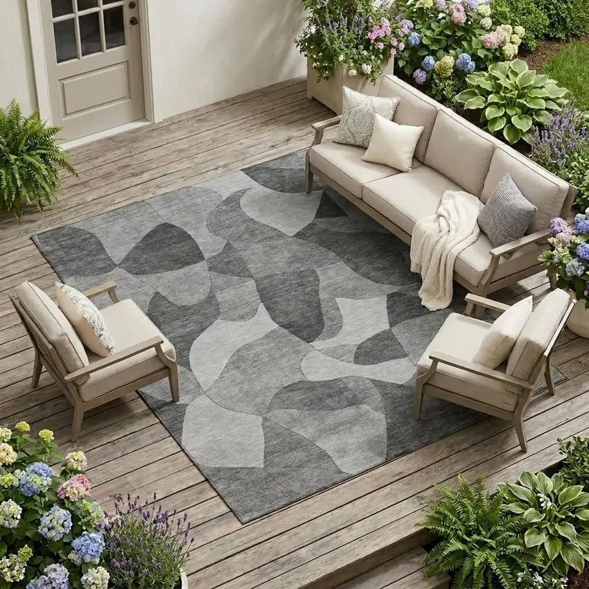 Gray And Silver Abstract Washable Indoor Outdoor Area Rug Photo 1