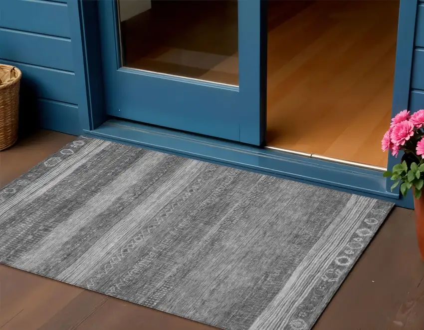 Gray And Silver Aztec Washable Indoor Outdoor Area Rug Photo 2