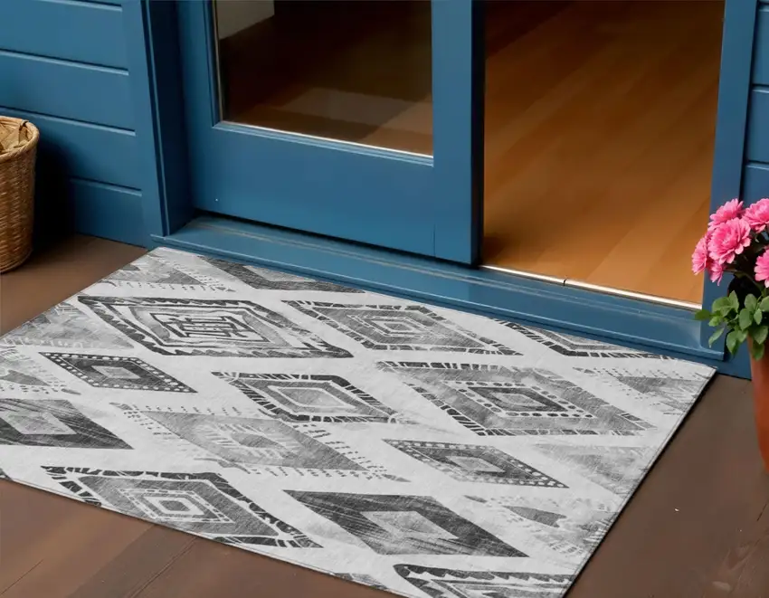 Gray And Silver Aztec Washable Indoor Outdoor Area Rug Photo 2
