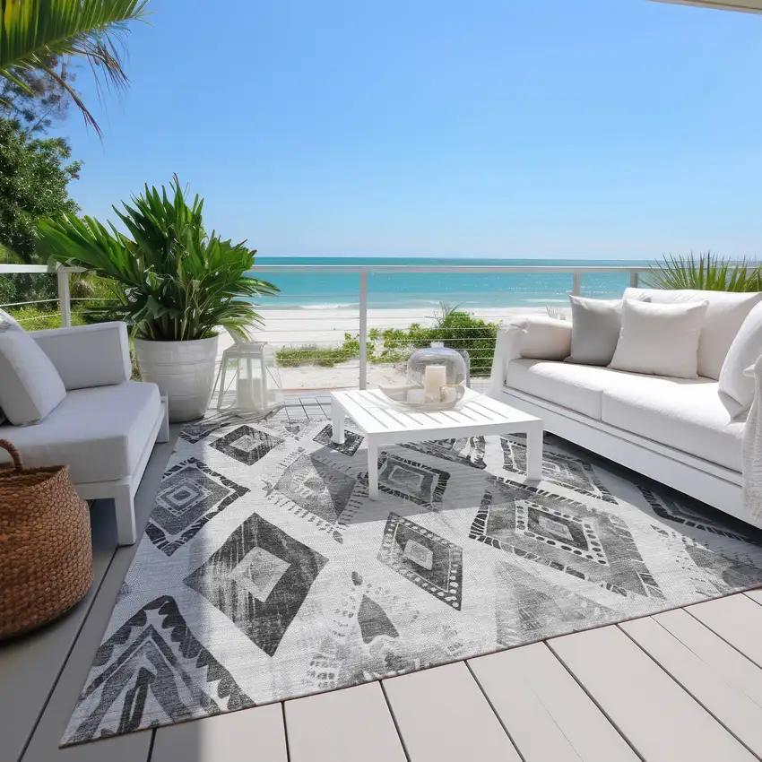 Gray And Silver Aztec Washable Indoor Outdoor Area Rug Photo 8