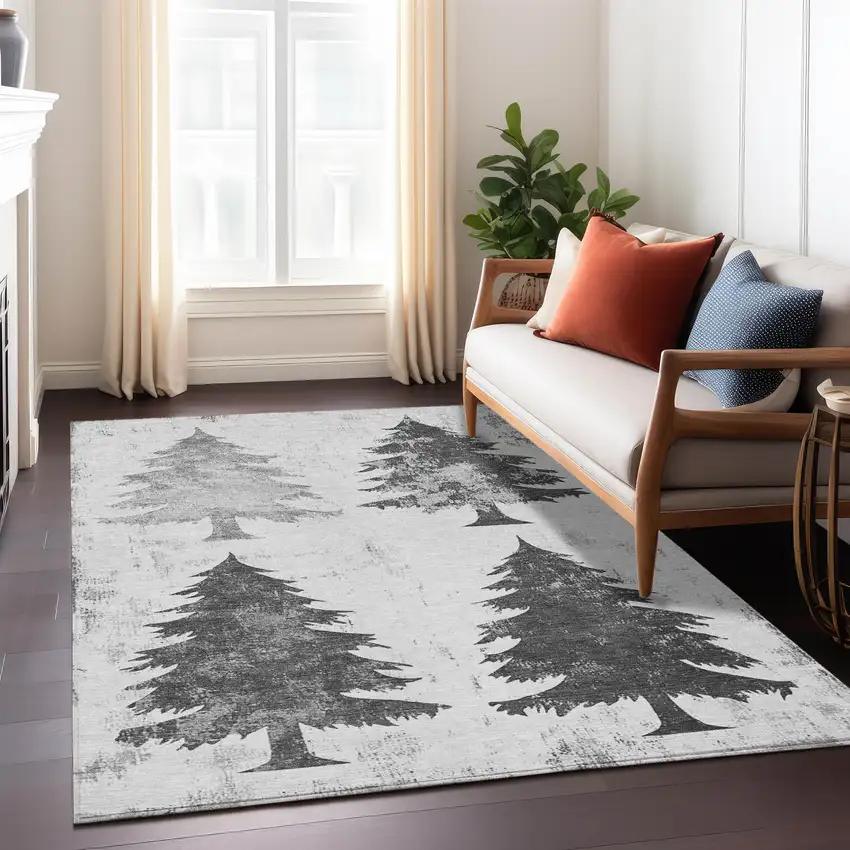 Gray And Silver Botanical Leaves Washable Indoor Outdoor Area Rug Photo 7