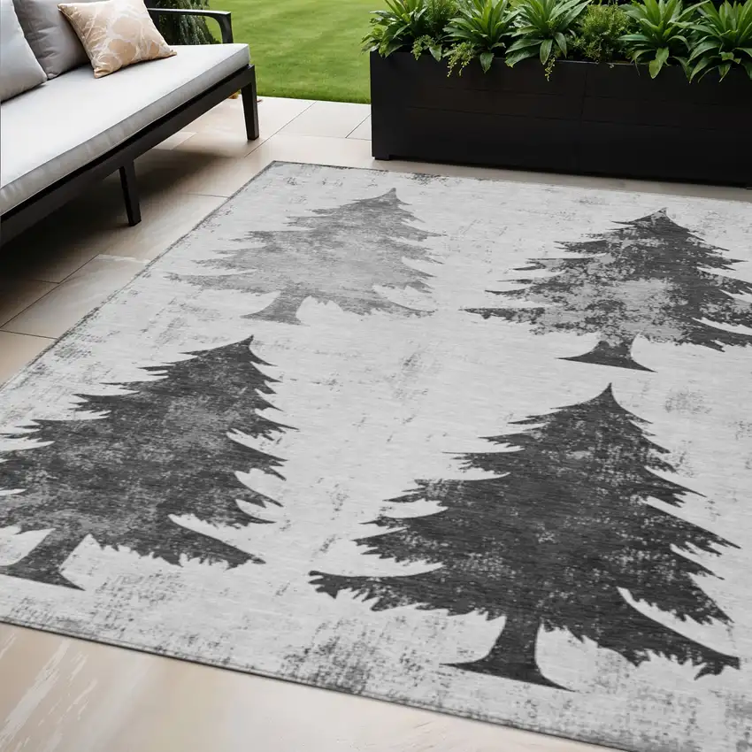 Gray And Silver Botanical Leaves Washable Indoor Outdoor Area Rug Photo 2