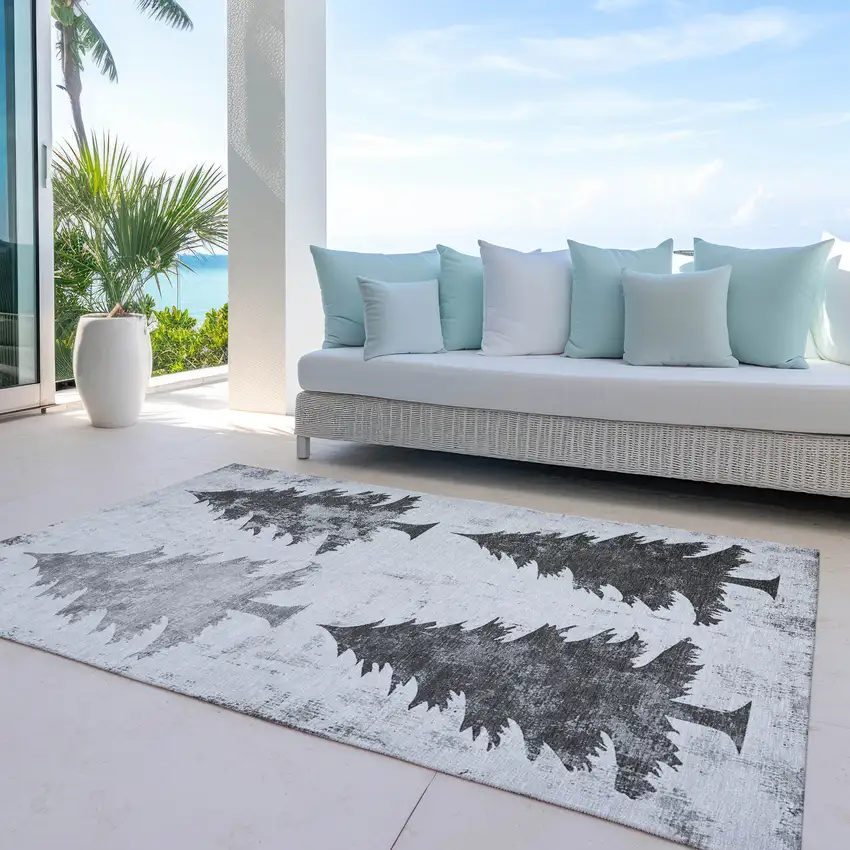 Gray And Silver Botanical Leaves Washable Indoor Outdoor Area Rug Photo 4
