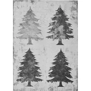 Photo of Gray And Silver Botanical Leaves Washable Indoor Outdoor Area Rug