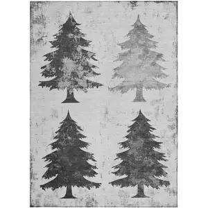 Photo of Gray And Silver Botanical Leaves Washable Indoor Outdoor Area Rug