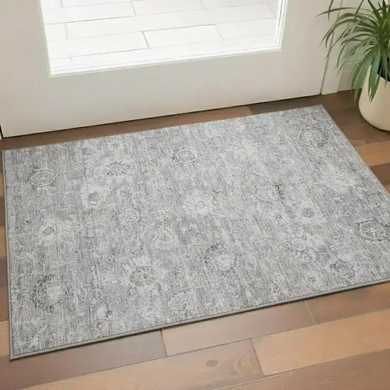 Gray And Silver Damask Washable Area Rug With UV Protection Photo 2