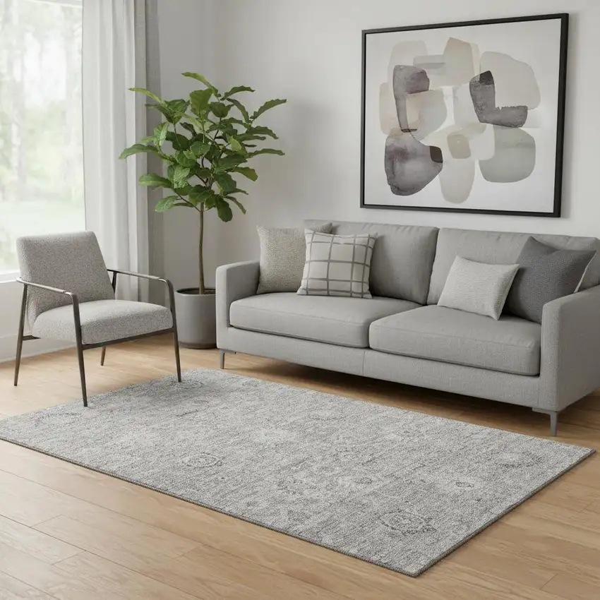 Gray And Silver Damask Washable Area Rug With UV Protection Photo 2