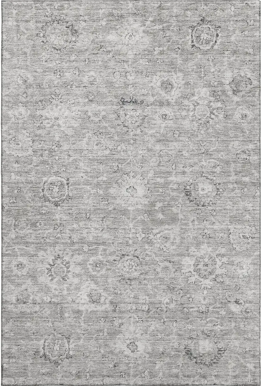 Gray And Silver Damask Washable Area Rug With UV Protection Photo 1