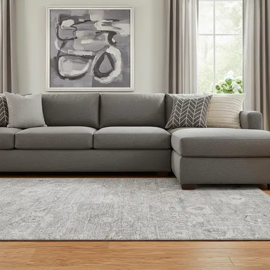 Gray And Silver Damask Washable Area Rug With UV Protection Photo 2