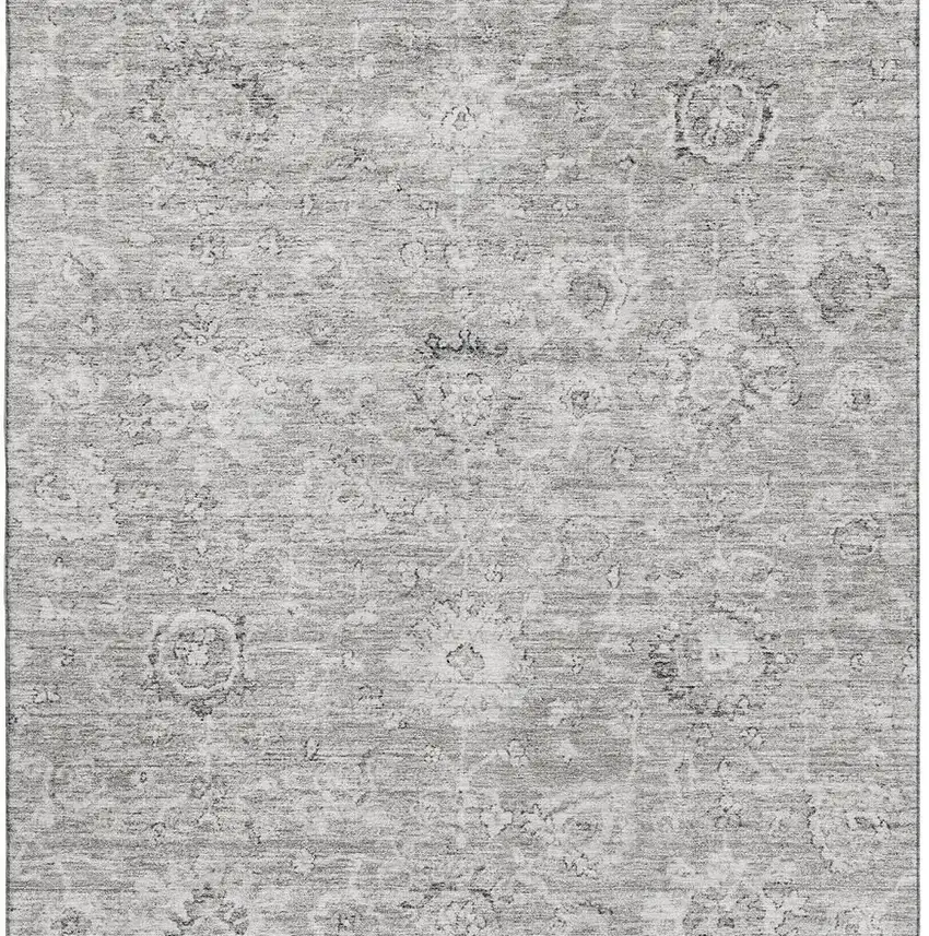 Gray And Silver Damask Washable Area Rug With UV Protection Photo 3