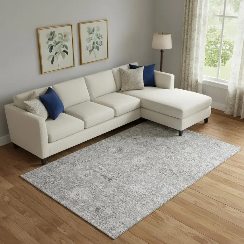 Gray And Silver Damask Washable Area Rug With UV Protection Photo 2