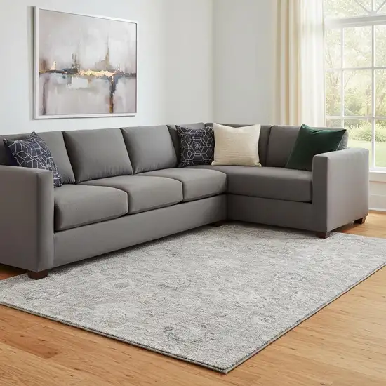 Gray And Silver Damask Washable Area Rug With UV Protection Photo 2