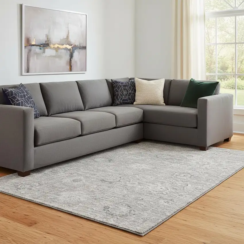 Gray And Silver Damask Washable Area Rug With UV Protection Photo 2