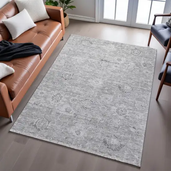 Gray And Silver Damask Washable Area Rug With UV Protection Photo 5