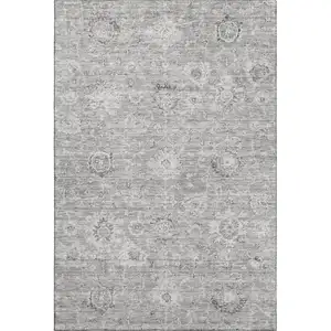 Photo of Gray And Silver Damask Washable Area Rug With UV Protection