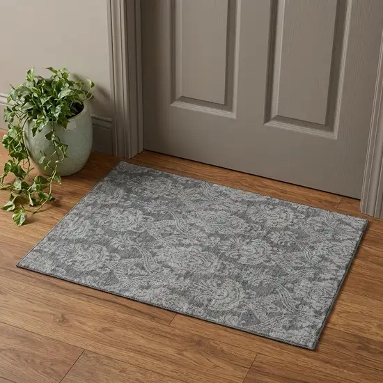 Gray And Silver Damask Washable Area Rug With UV Protection Photo 1