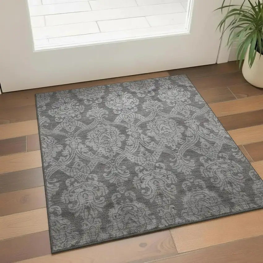 Gray And Silver Damask Washable Area Rug With UV Protection Photo 2