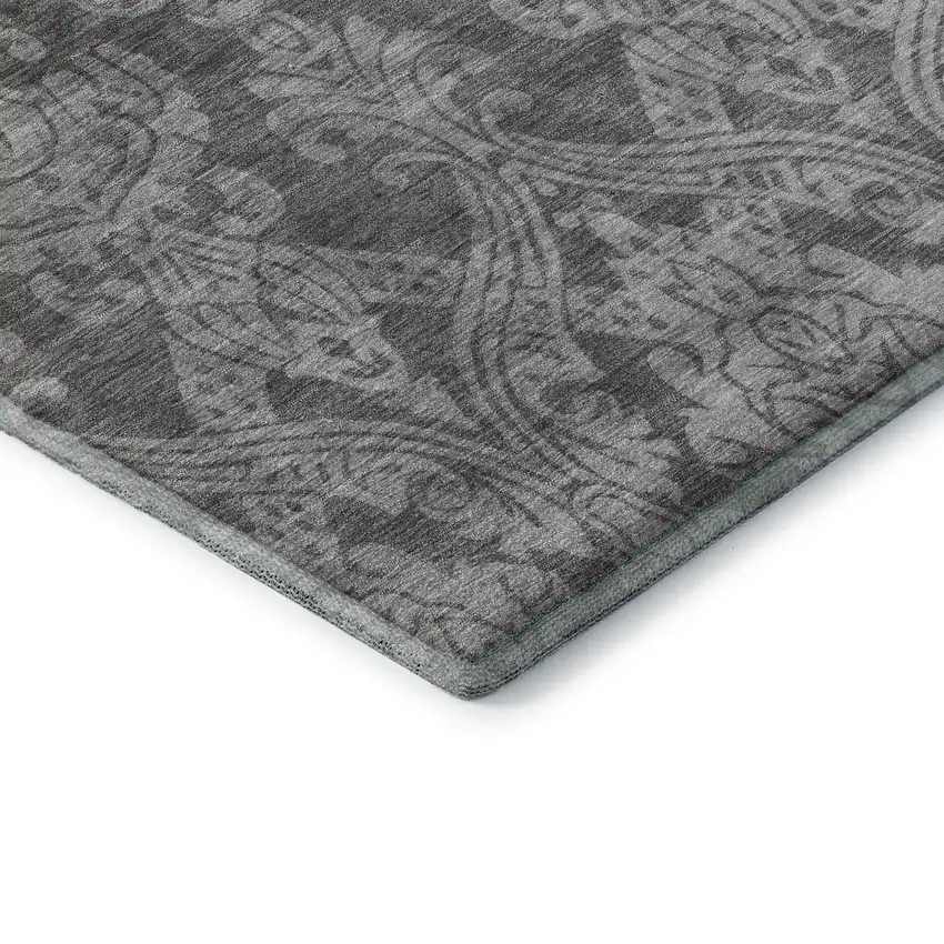 Gray And Silver Damask Washable Area Rug With UV Protection Photo 7