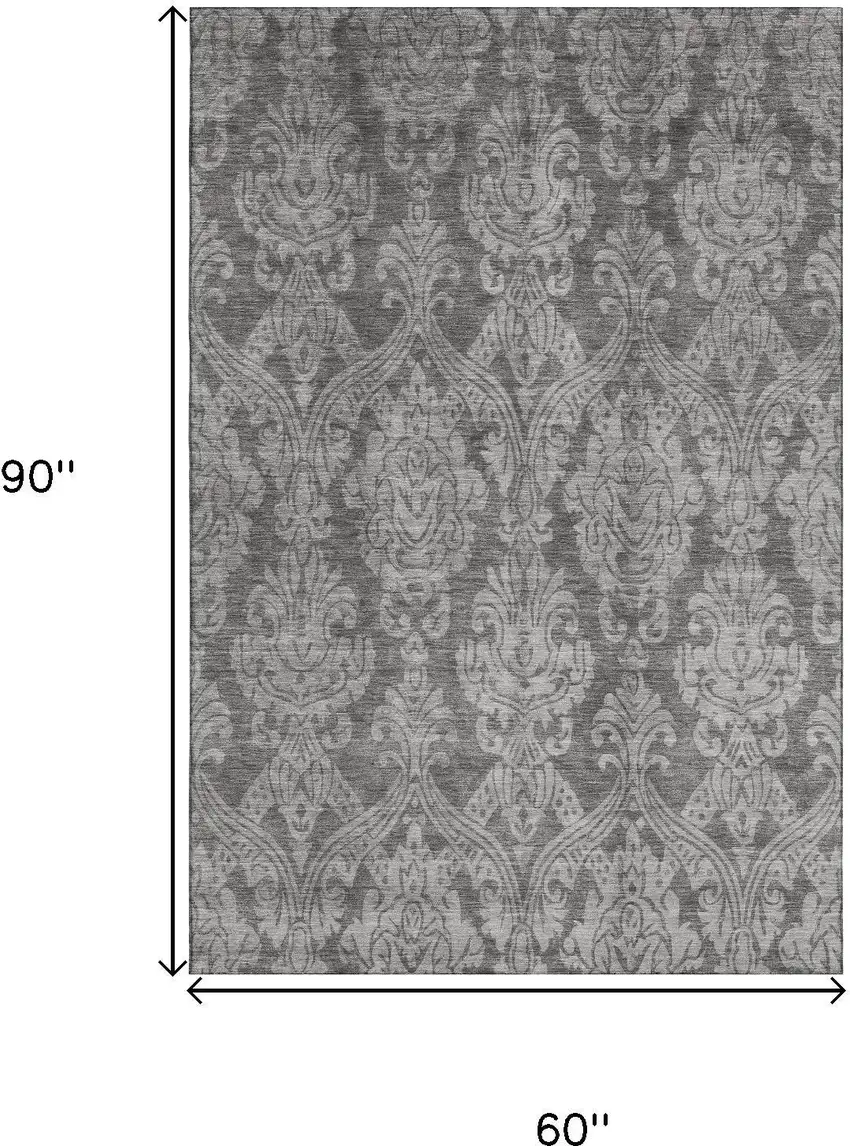 Gray And Silver Damask Washable Area Rug With UV Protection Photo 8