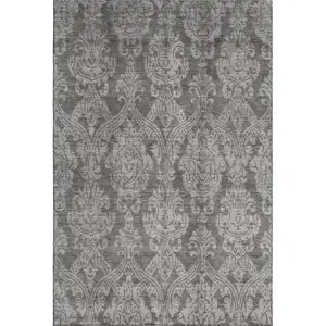 Photo of Gray And Silver Damask Washable Area Rug With UV Protection