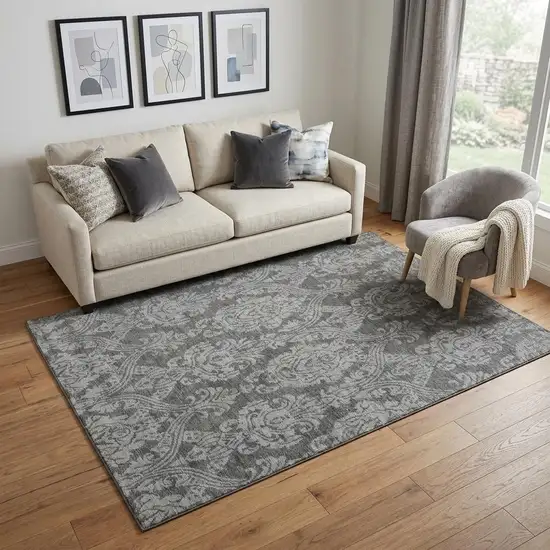 Gray And Silver Damask Washable Area Rug With UV Protection Photo 1