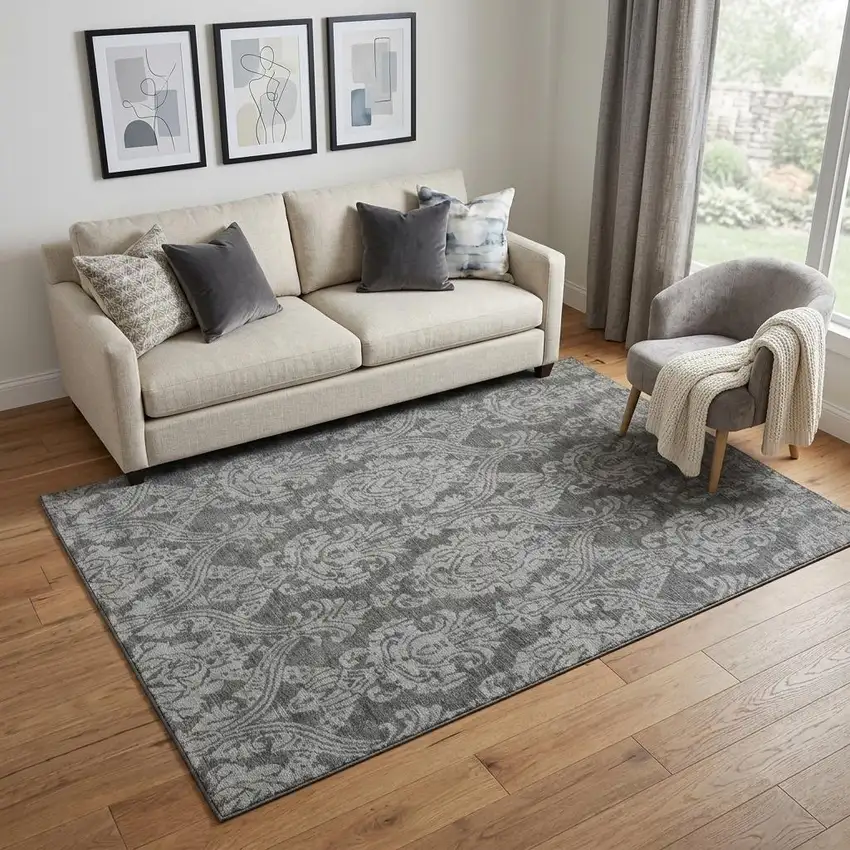 Gray And Silver Damask Washable Area Rug With UV Protection Photo 1