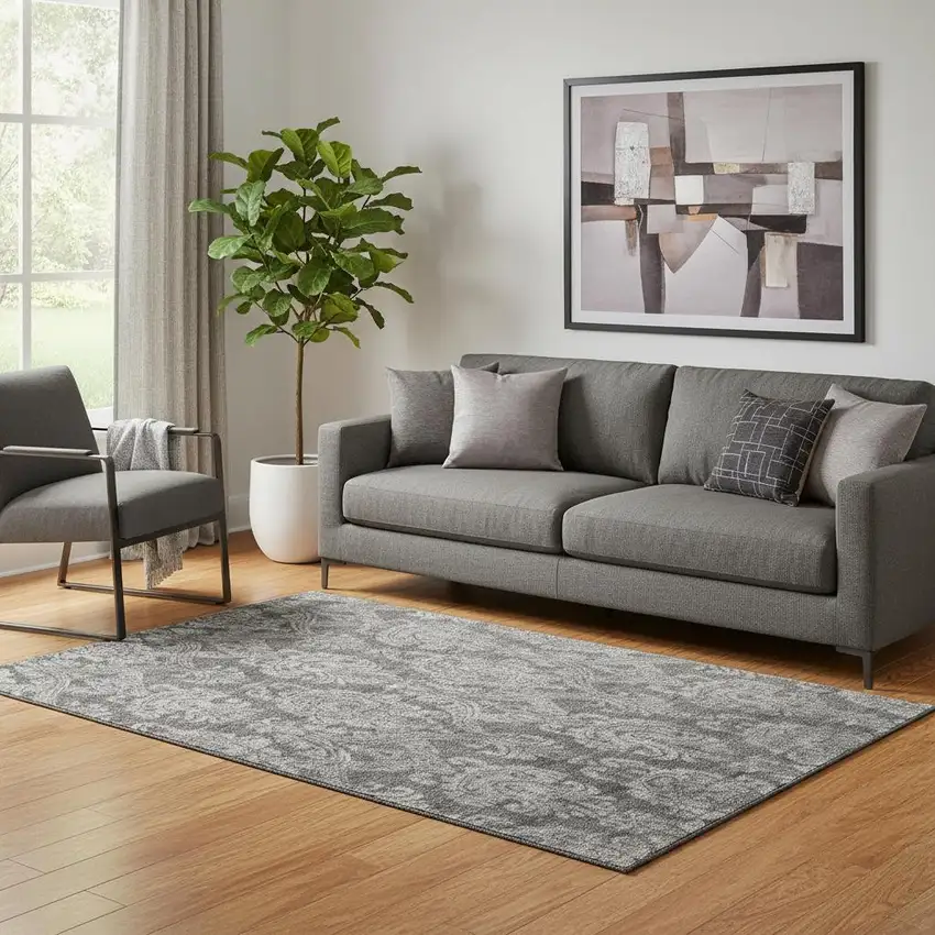 Gray And Silver Damask Washable Area Rug With UV Protection Photo 2