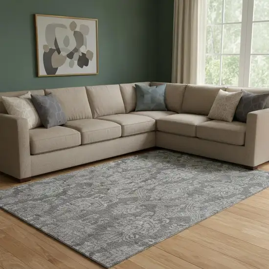 Gray And Silver Damask Washable Area Rug With UV Protection Photo 2