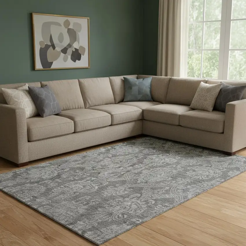 Gray And Silver Damask Washable Area Rug With UV Protection Photo 2