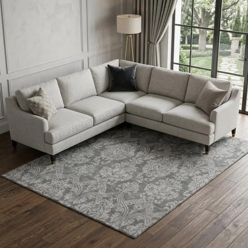 Gray And Silver Damask Washable Area Rug With UV Protection Photo 1
