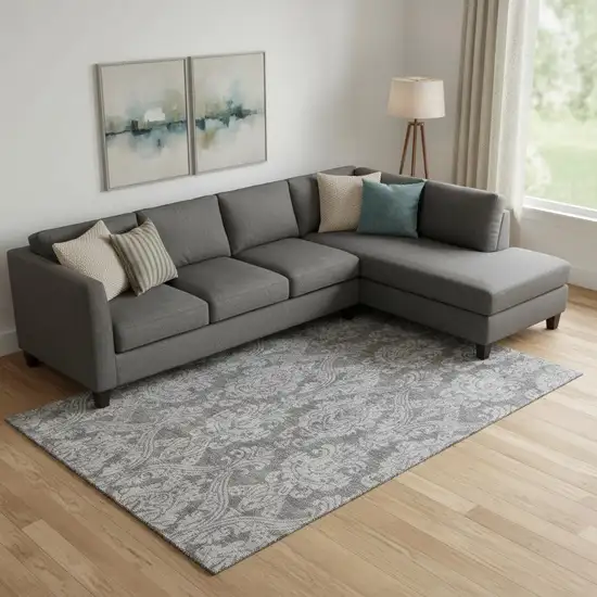 Gray And Silver Damask Washable Area Rug With UV Protection Photo 2