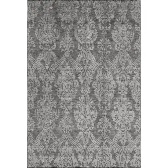 Gray And Silver Damask Washable Area Rug With UV Protection Photo 1