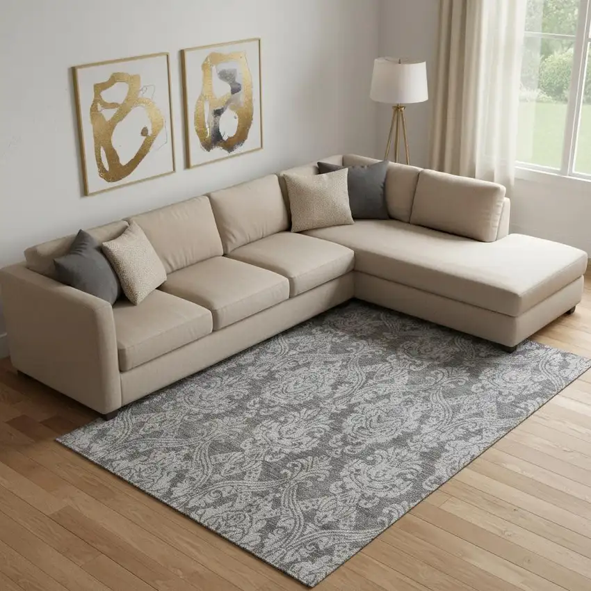 Gray And Silver Damask Washable Area Rug With UV Protection Photo 2