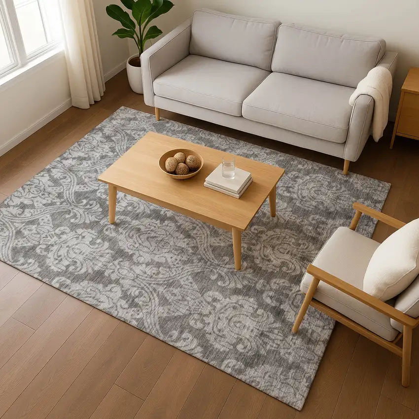 Gray And Silver Damask Washable Area Rug With UV Protection Photo 5