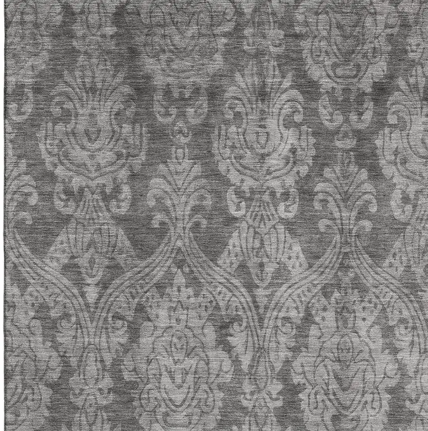 Gray And Silver Damask Washable Area Rug With UV Protection Photo 3
