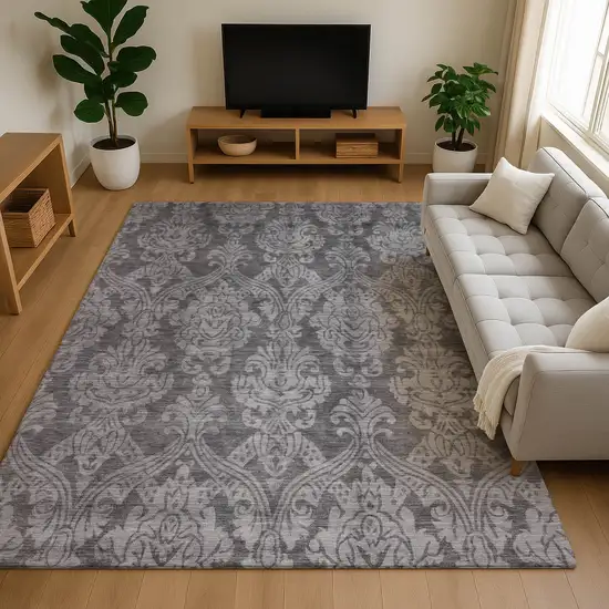 Gray And Silver Damask Washable Area Rug With UV Protection Photo 4