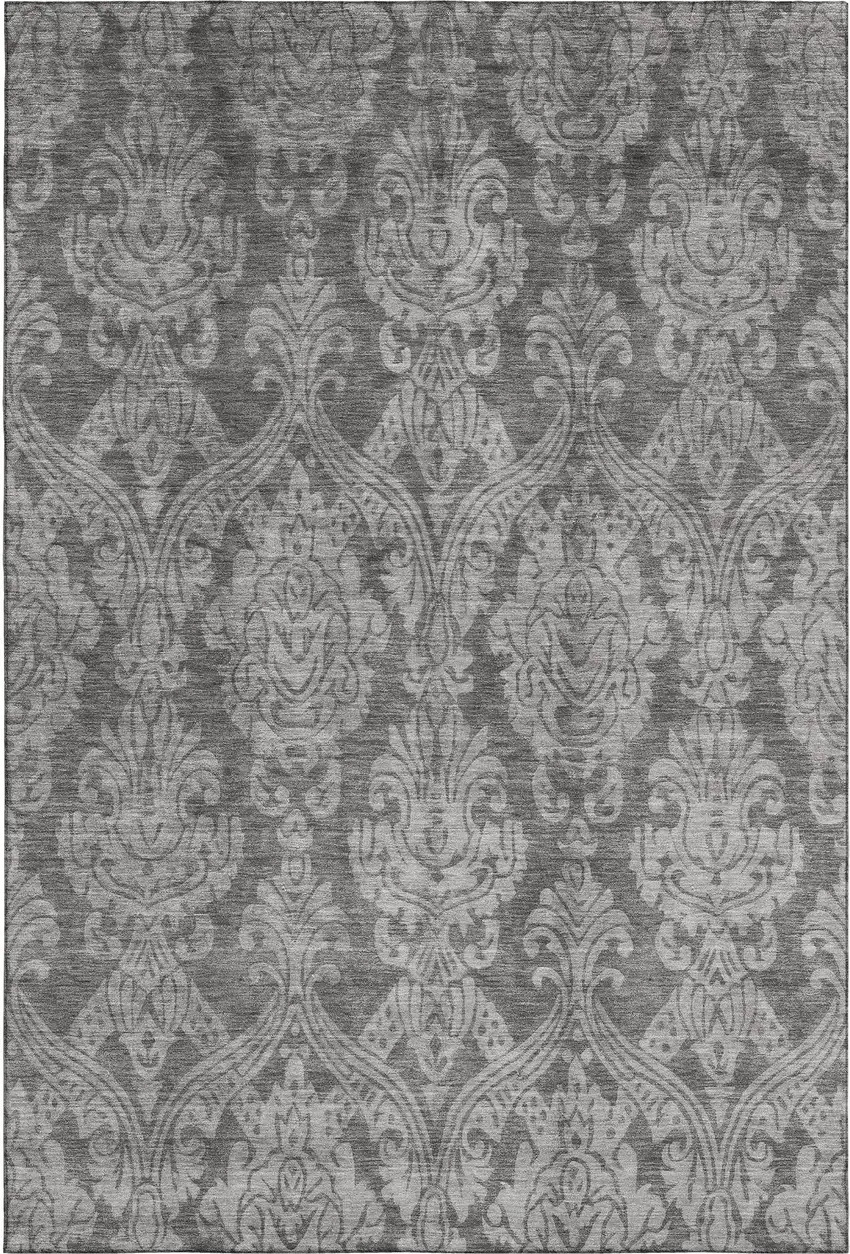 Gray And Silver Damask Washable Area Rug With UV Protection Photo 1