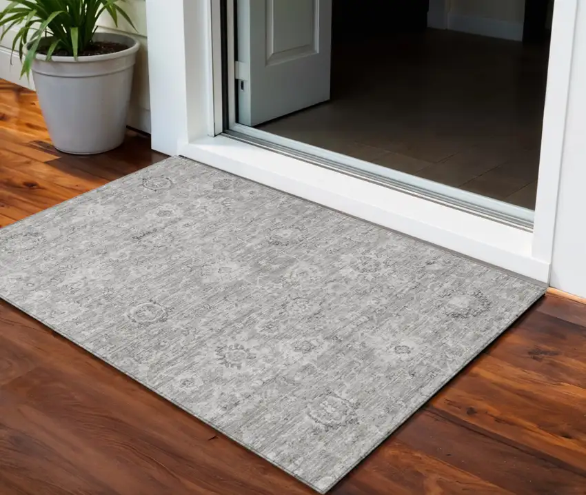 Gray And Silver Damask Washable Indoor Outdoor Area Rug Photo 1