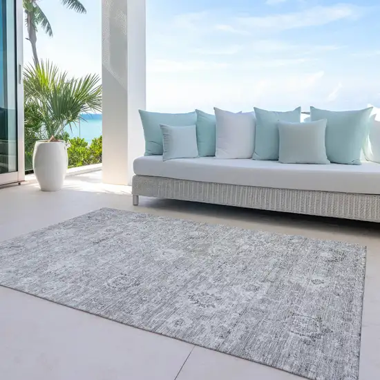 Gray And Silver Damask Washable Indoor Outdoor Area Rug Photo 7